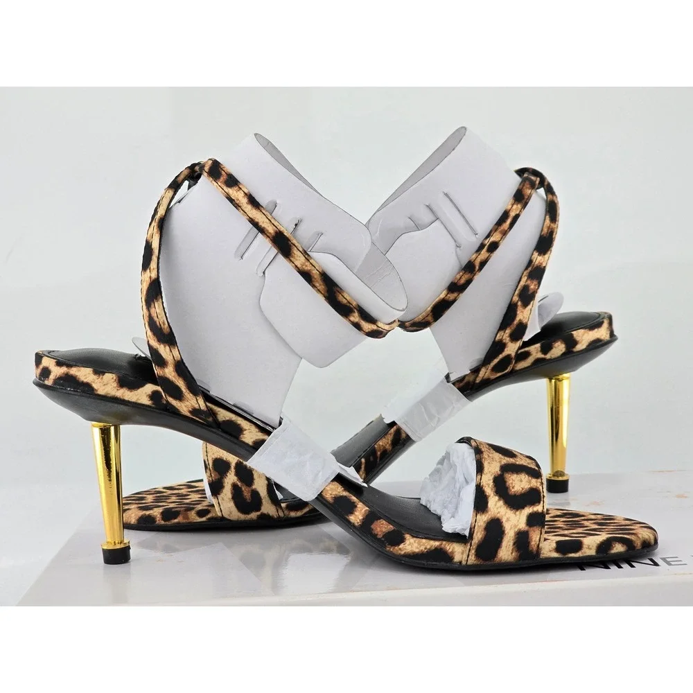 Nine West Anny2 Sandals Womens Size 5M Dark Natural Leopard Print Gold Heel -New
